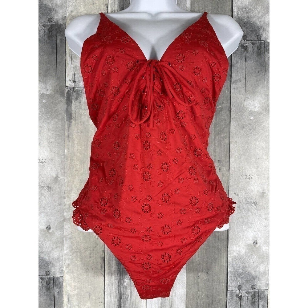NWT BOND-EYE AUSTRALIA Eyelet Lace-Up One-Piece Swimsuit Women’s Red Sz-L - Picture 3 of 10